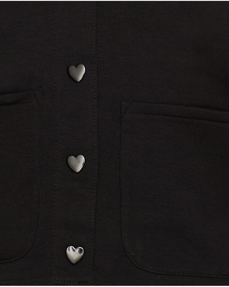 Giacca nera per bambina con bottoni a cuore e fiore sul retro