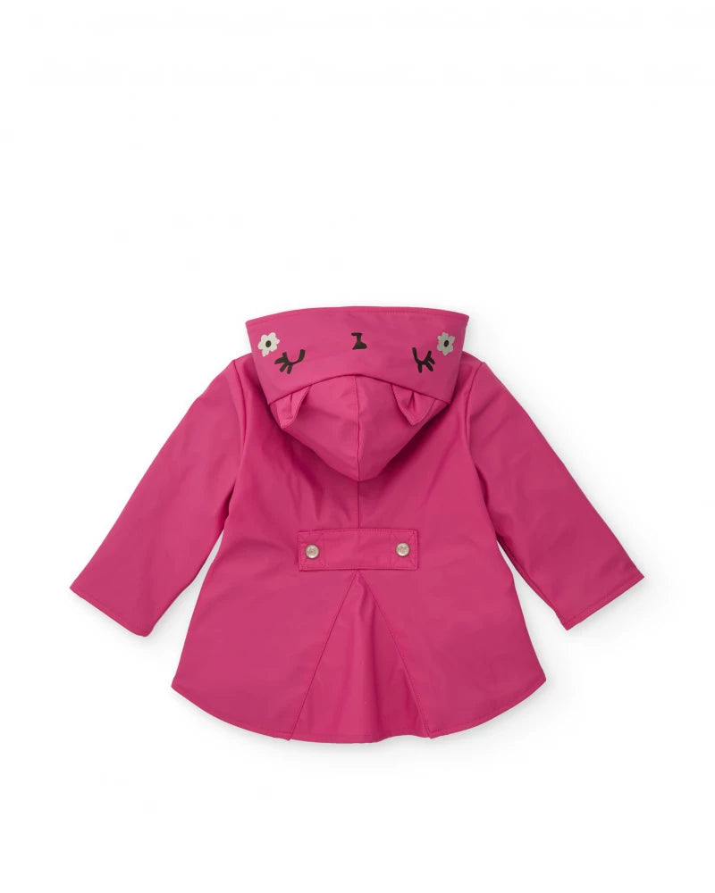Impermeabile da bambina fucsia con cappuccio decorato e fiori grandi