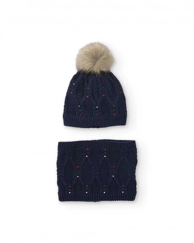 Completo cappello e scaldacollo da bambina in maglia blu navy con pompon in pelliccia