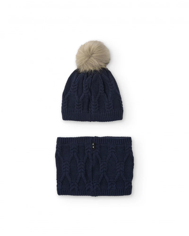 Completo cappello e scaldacollo da bambina in maglia blu navy con pompon in pelliccia