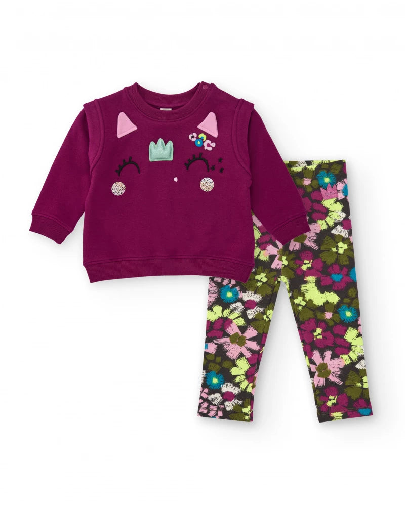 Completo con felpa e leggings per bambina in bordeaux con ricami e stampa floreale