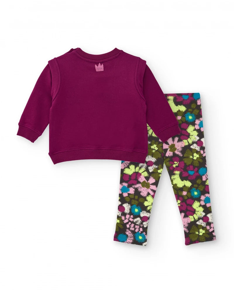 Completo con felpa e leggings per bambina in bordeaux con ricami e stampa floreale