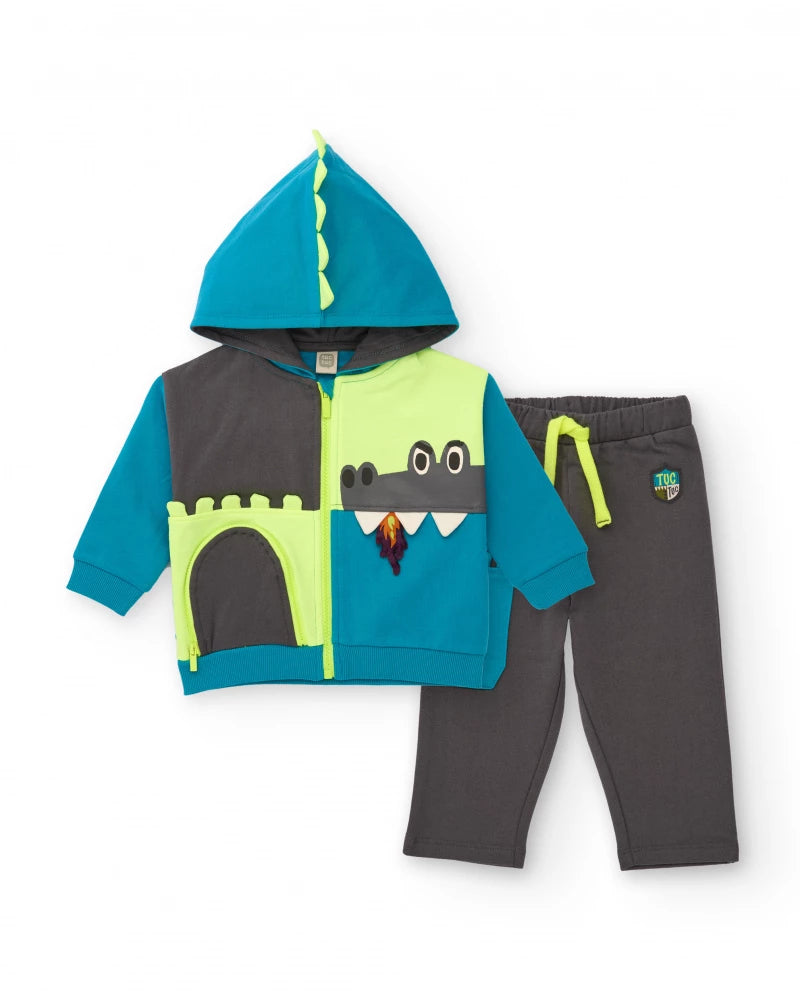 Completo con felpa e pantalone lungo per bambino in blu e grigio con motivo drago