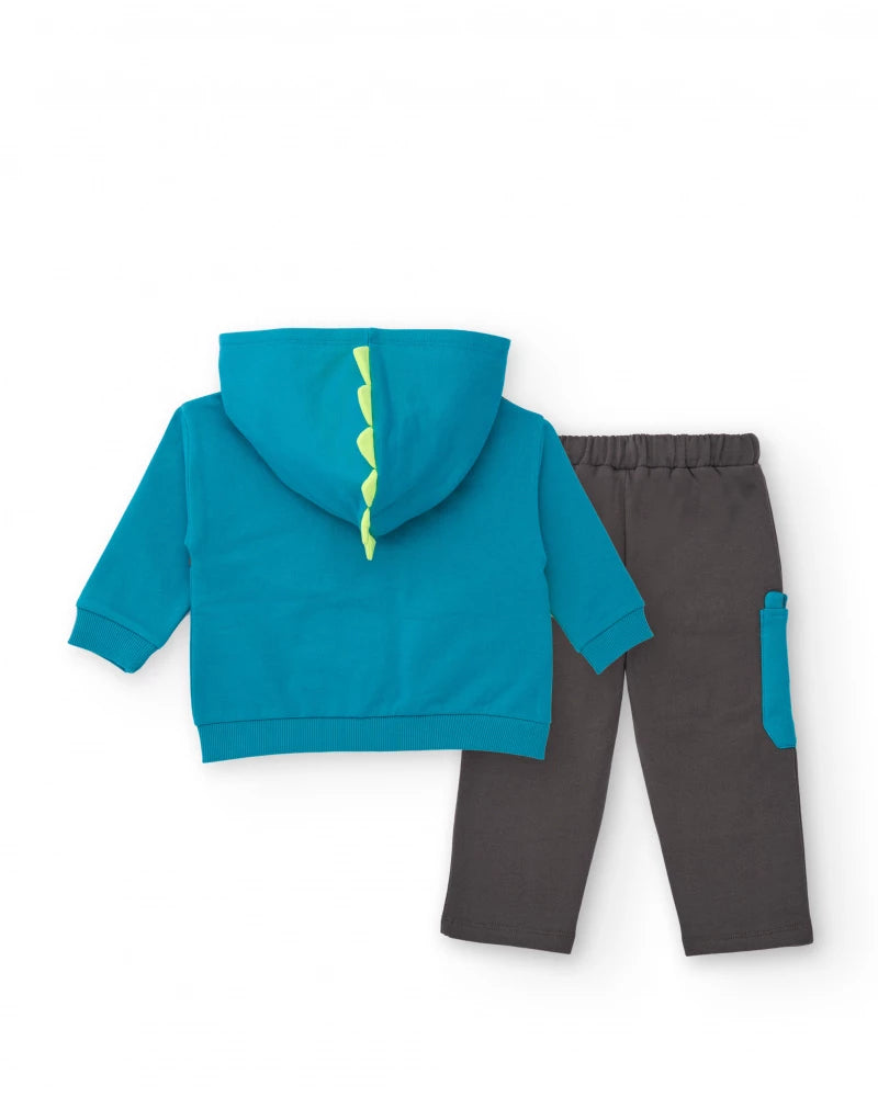 Completo con felpa e pantalone lungo per bambino in blu e grigio con motivo drago