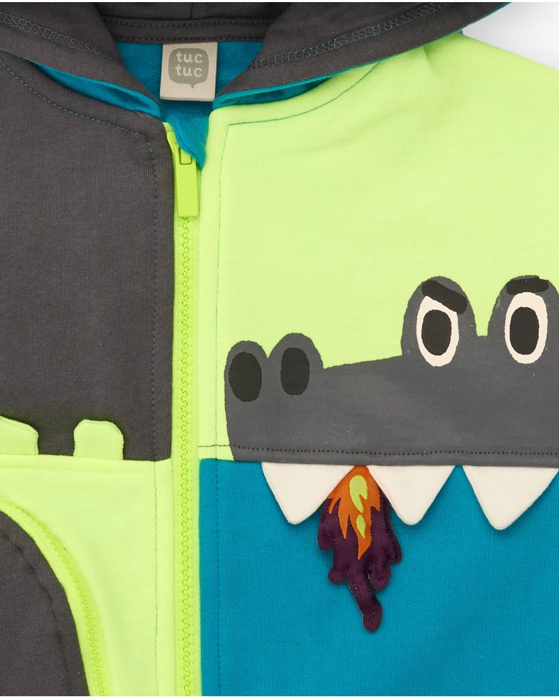 Completo con felpa e pantalone lungo per bambino in blu e grigio con motivo drago