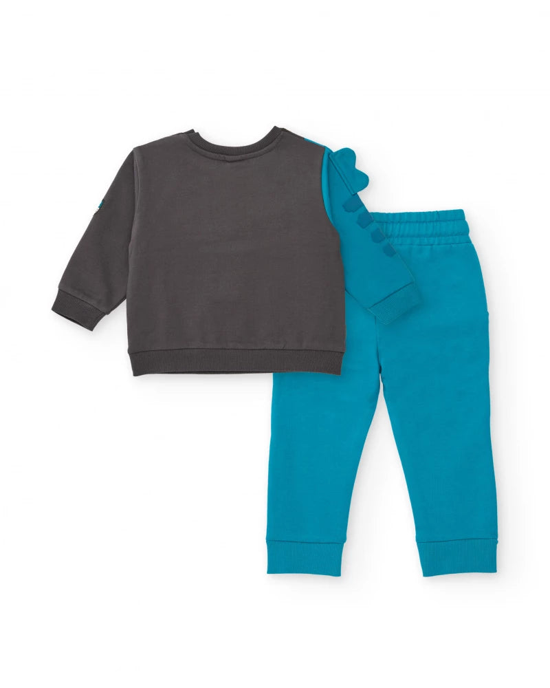 Completo felpa e pantalone per bambino in grigio e blu con dettaglio drago