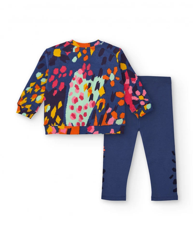 Completo per bambina con felpa e leggings a stampa colorata di macchie e fiori.