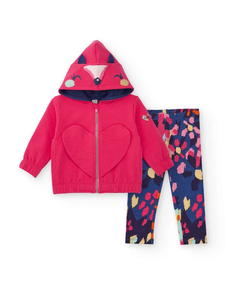 Completo per bambina con felpa rosa e leggings stampati multicolore.