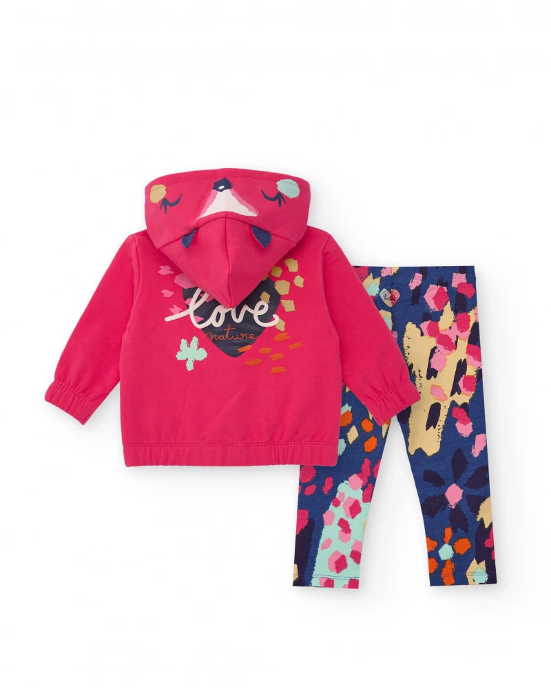 Completo per bambina con felpa rosa e leggings stampati multicolore.