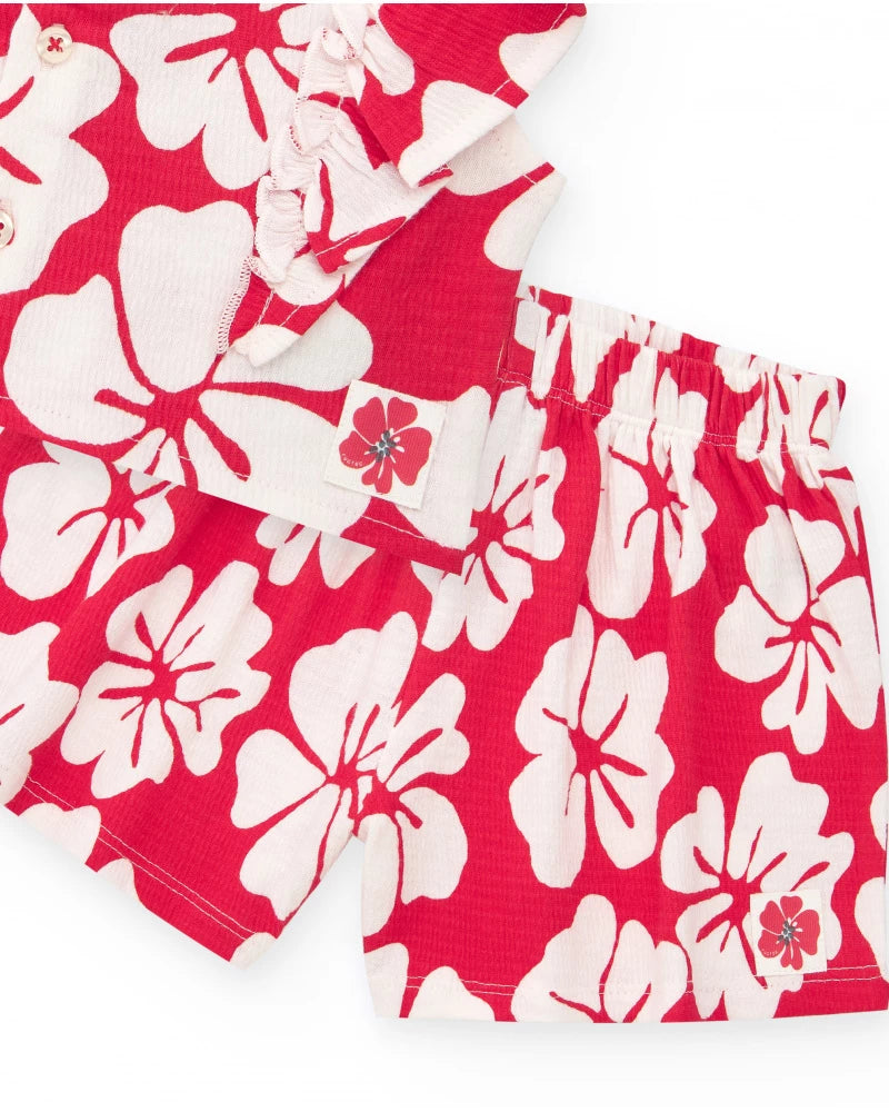 Completo per bambina con t-shirt con volant e pantaloncini floreali in rosso e bianco