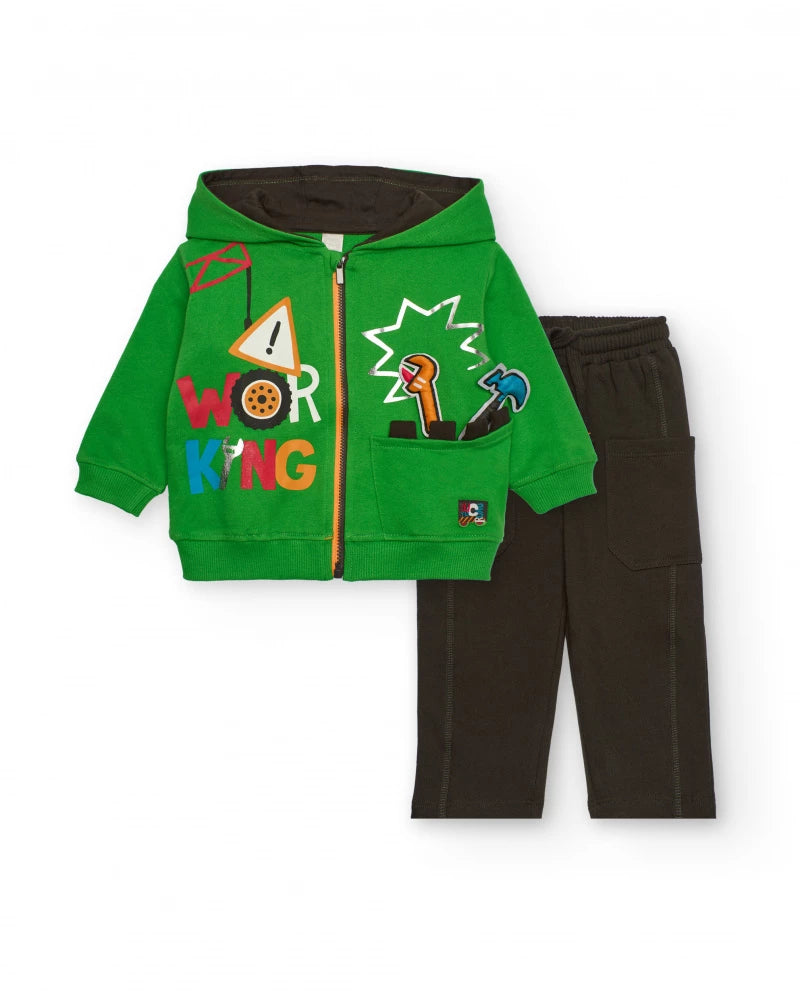 Completo tuta  per bambino con felpa verde e pantaloni marroni