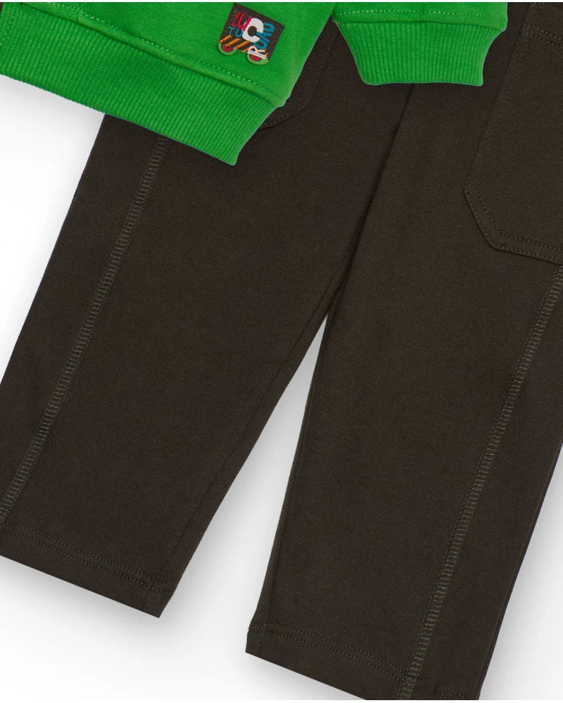 Completo tuta  per bambino con felpa verde e pantaloni marroni