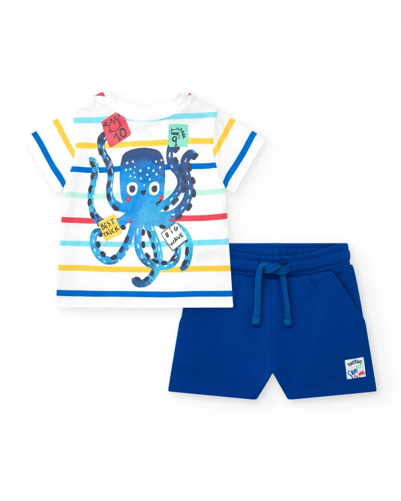 Completo per bambino con t-shirt a righe e bermuda blu regolabili
