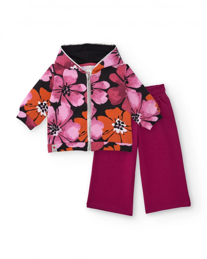 Completo da bambina con giacca floreale e pantaloni fucsia