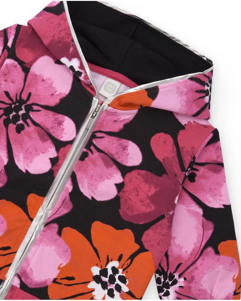 Completo da bambina con giacca floreale e pantaloni fucsia