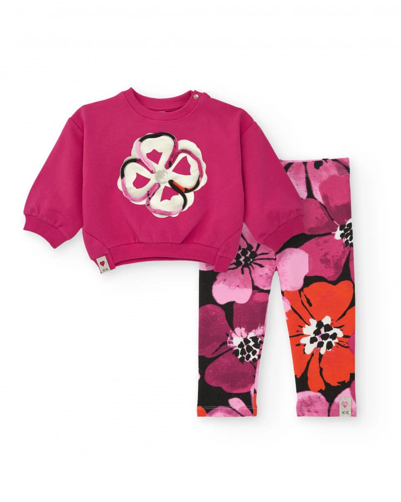 Completo da bambina con felpa fucsia e leggings floreali