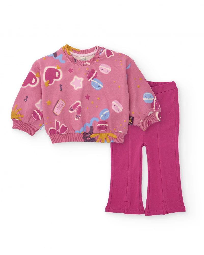 Completo per bambina con felpa rosa con stampa divertente e pantaloni a zampa.