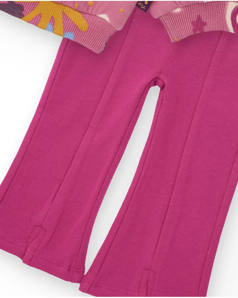 Completo per bambina con felpa rosa con stampa divertente e pantaloni a zampa.