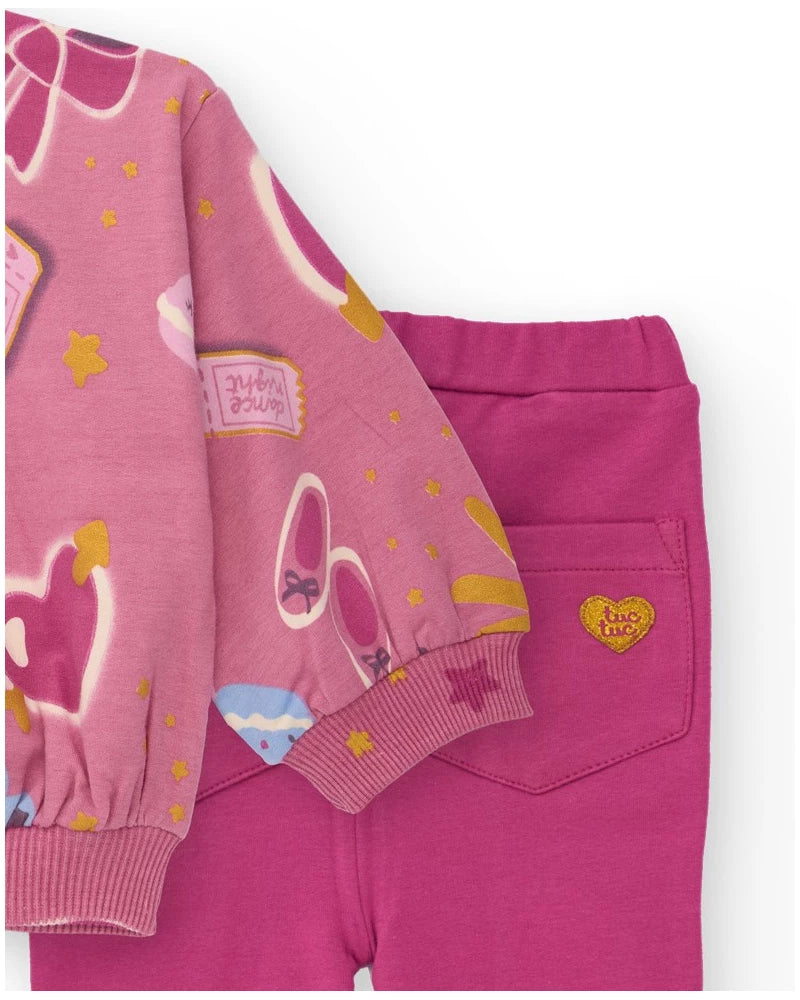 Completo per bambina con felpa rosa con stampa divertente e pantaloni a zampa.