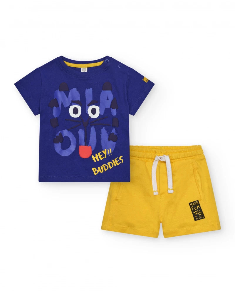 Completo per bambino con t-shirt blu e pantaloncini gialli
