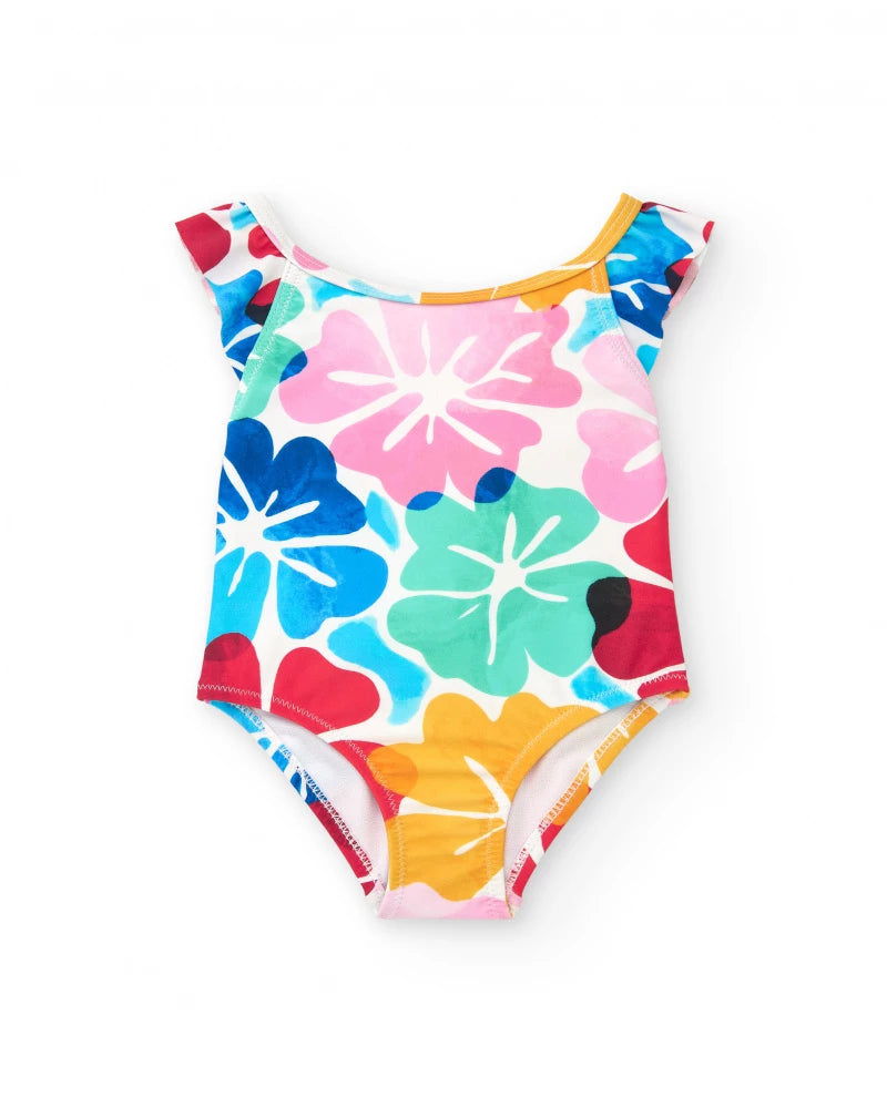 Costume da bagno per bambina bianco con stampa floreale e volant