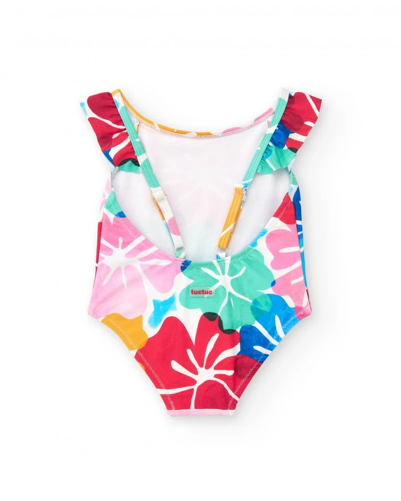 Costume da bagno per bambina bianco con stampa floreale e volant