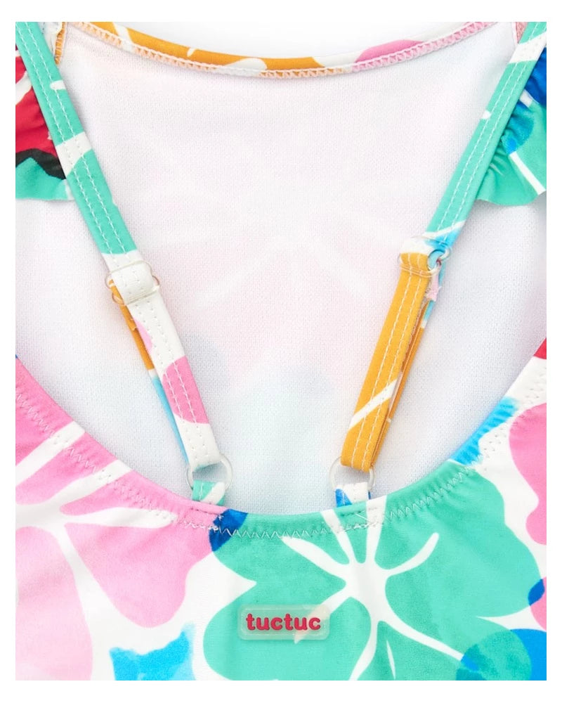 Costume da bagno per bambina bianco con stampa floreale e volant