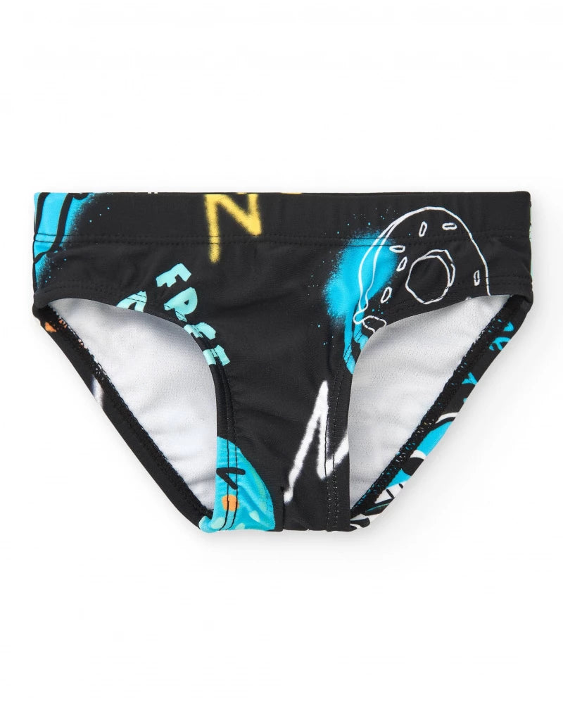 Slip da bagno per bambino nero con stampa colorata