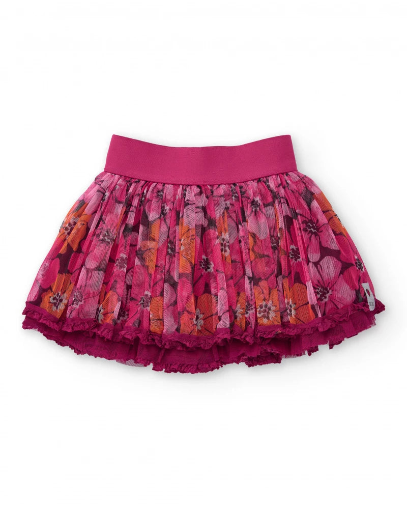 Gonna per bambina in tulle plissé fucsia con stampa floreale.