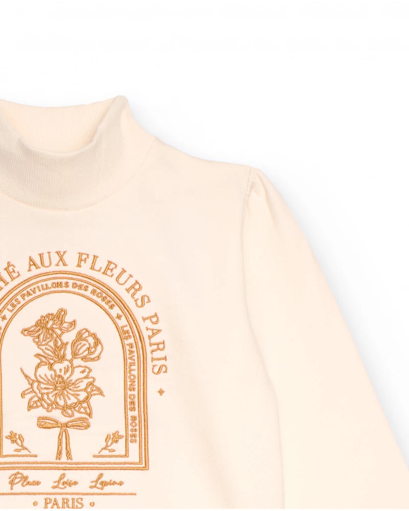 Felpa color avorio per bambina con collo alto e stampa floreale