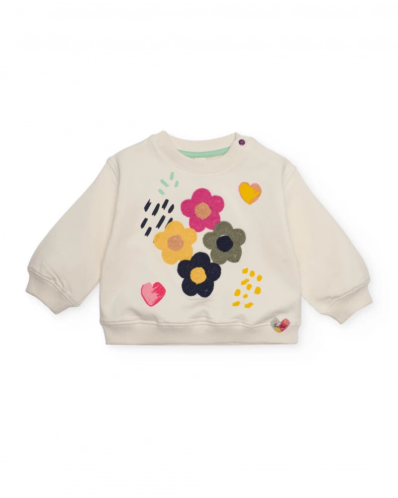 Felpa color crema per bambina con stampa floreale e cuori.