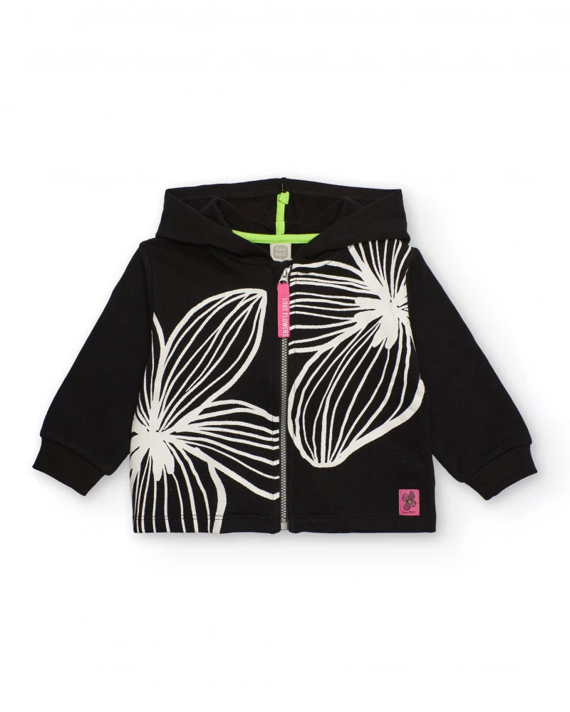 Felpa con cappuccio bambina in nero con stampa floreale