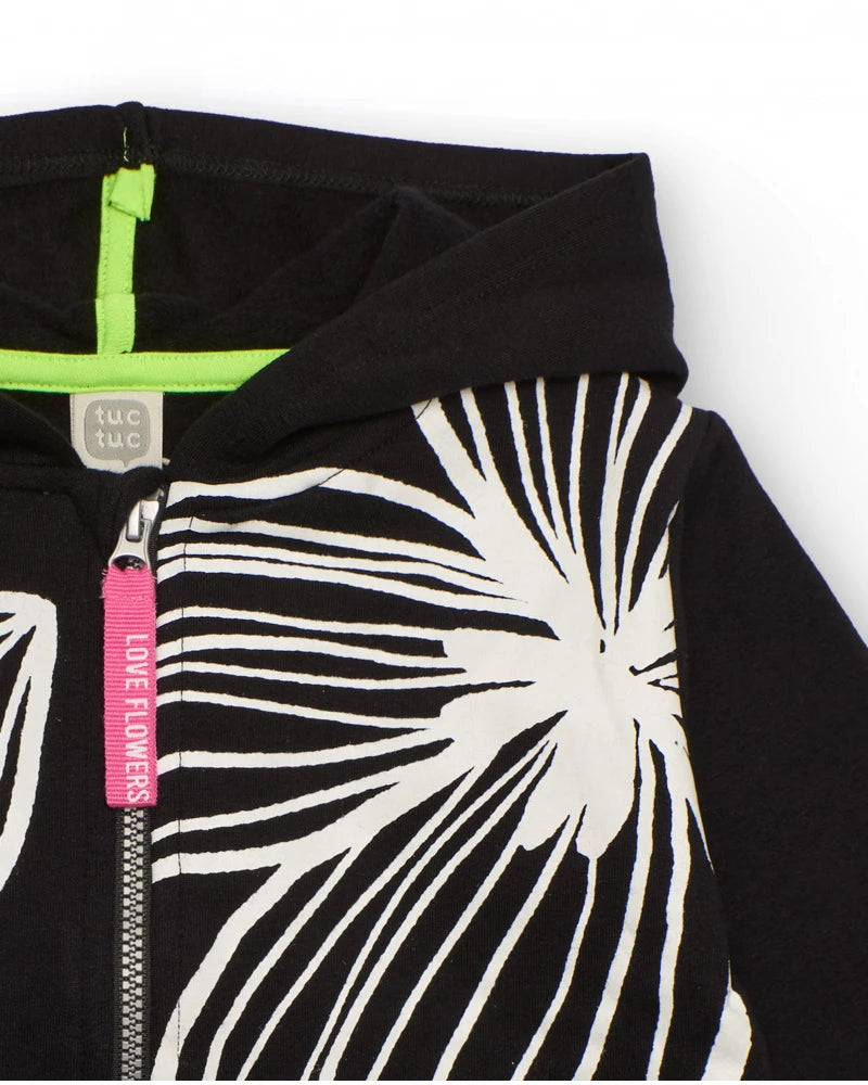 Felpa con cappuccio bambina in nero con stampa floreale