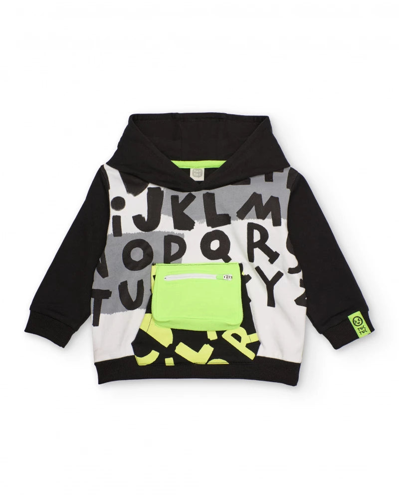 Felpa con cappuccio per bambino in bianco e nero con lettere stampate e tasca verde