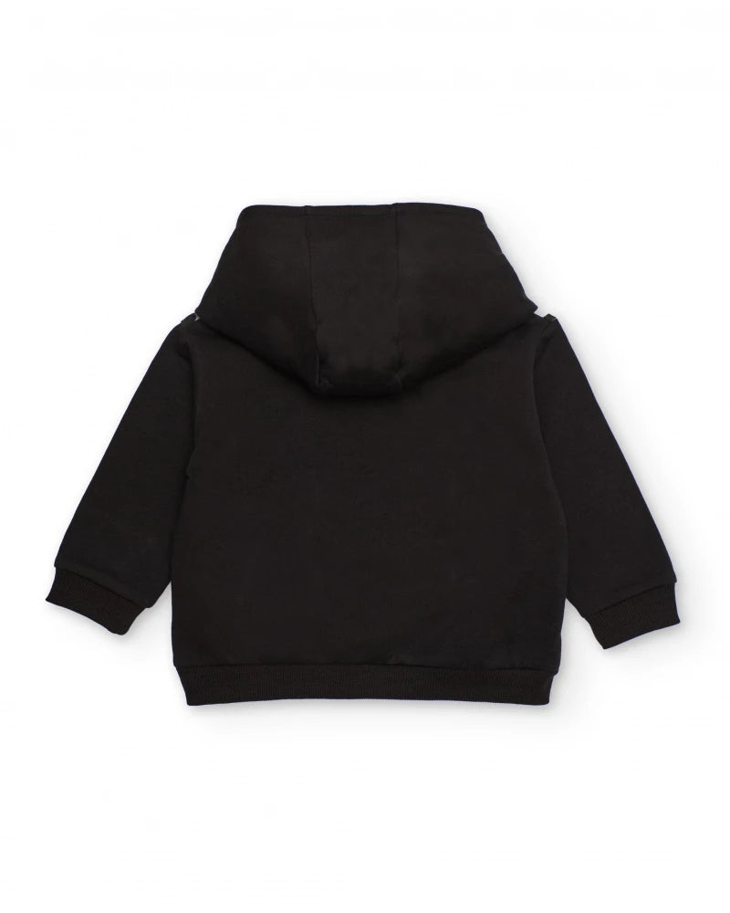 Felpa con cappuccio per bambino in bianco e nero con lettere stampate e tasca verde