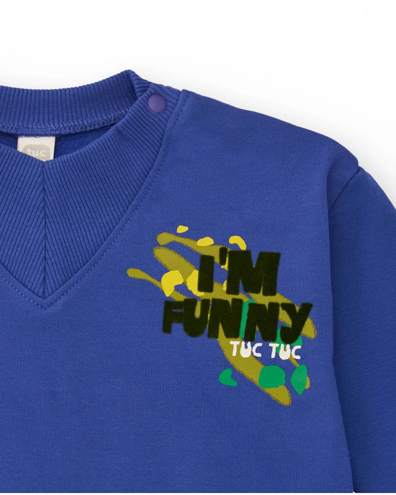 Felpa per bambino blu con stampa "I'M FUNNY" sul petto.