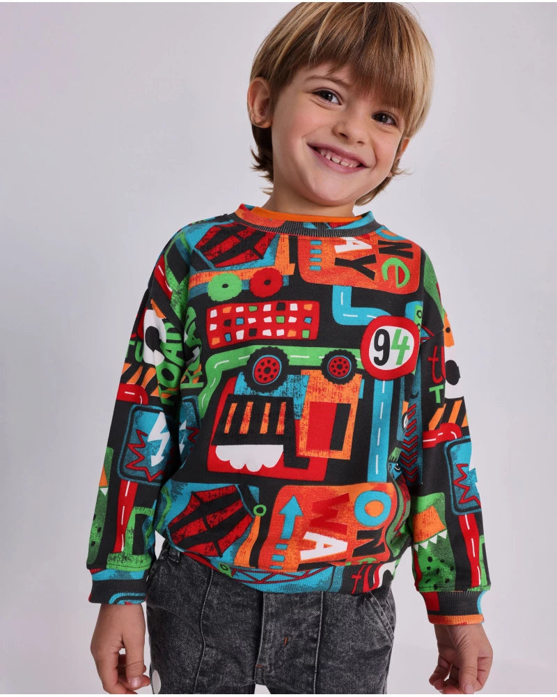 Felpa marrone per bambino con stampa multicolore di veicoli