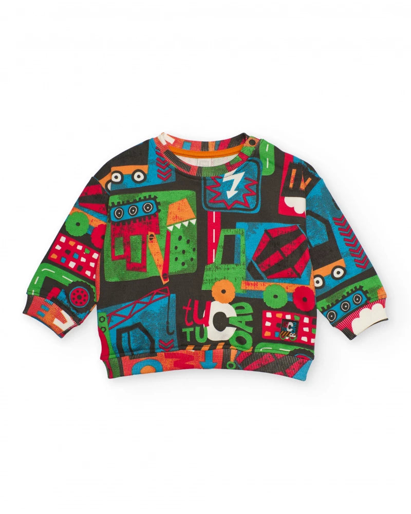 Felpa marrone per bambino con stampa multicolore di veicoli