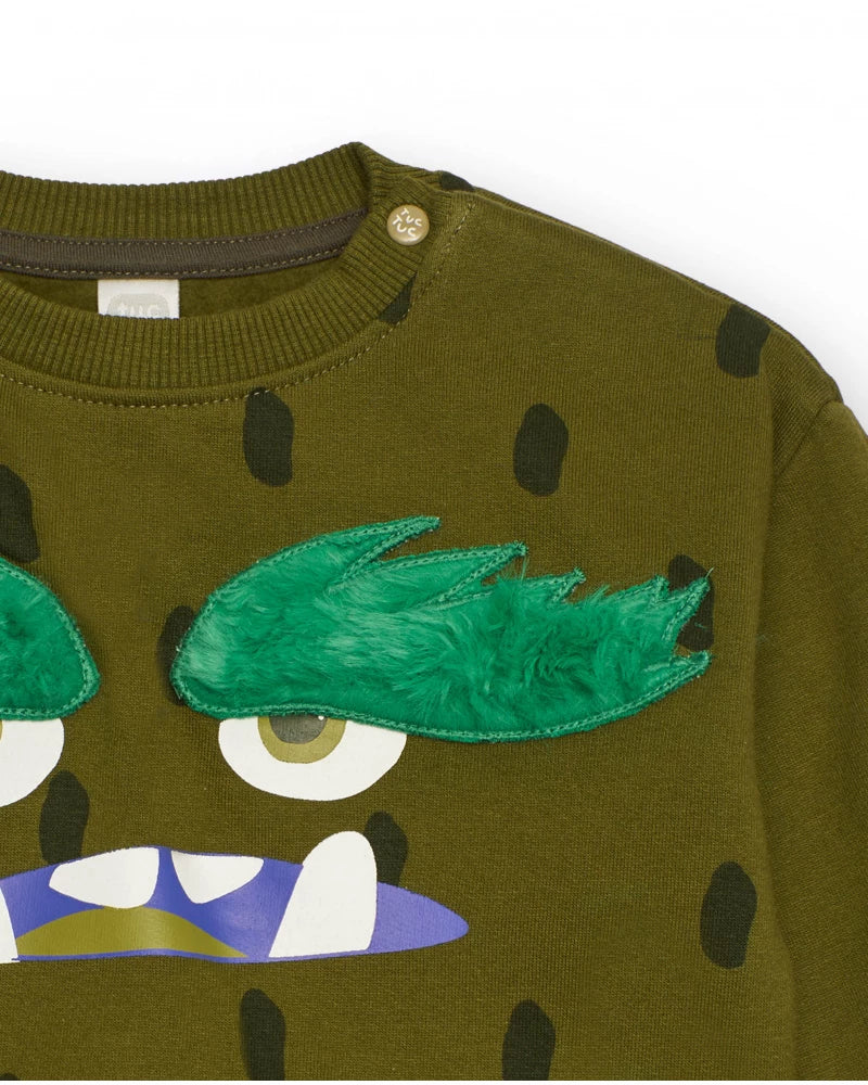 Felpa per bambino verde con stampa di mostro e dettagli in rilievo.