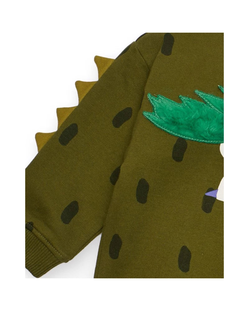 Felpa per bambino verde con stampa di mostro e dettagli in rilievo.