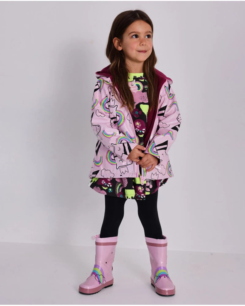 Giubotto impermeabile con cappuccio per bambina rosa con stampa unicorni
