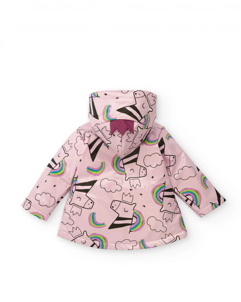 Giubotto impermeabile con cappuccio per bambina rosa con stampa unicorni