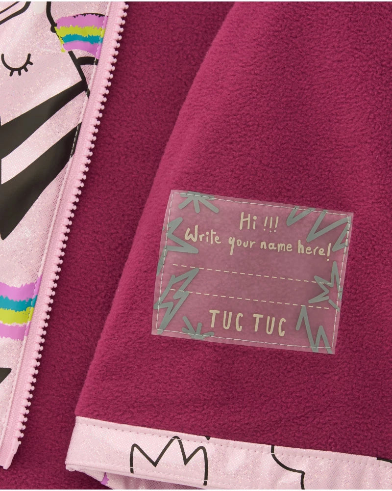 Giubotto impermeabile con cappuccio per bambina rosa con stampa unicorni