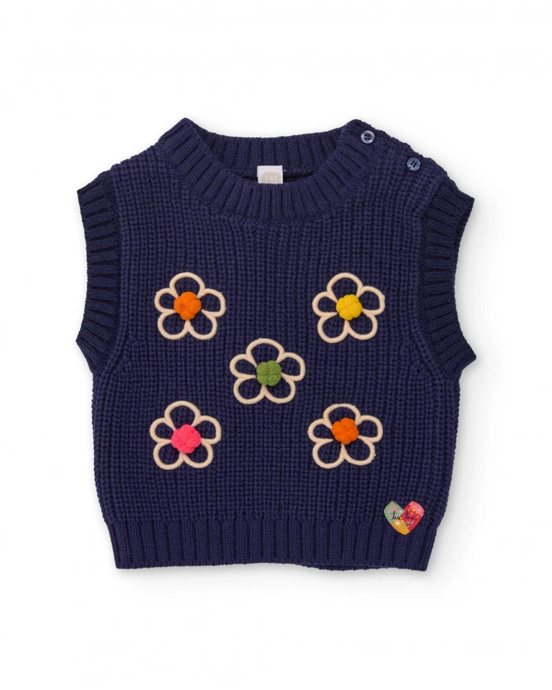 Gilet in maglia blu navy per bambina con ricamo floreale.