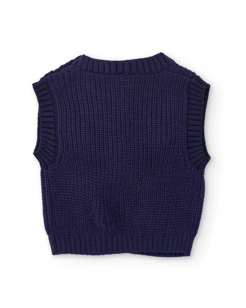 Gilet in maglia blu navy per bambina con ricamo floreale.