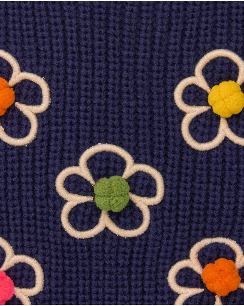 Gilet in maglia blu navy per bambina con ricamo floreale.