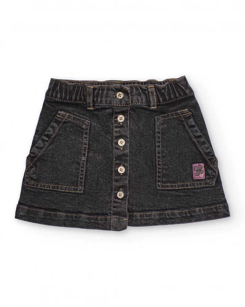 Gonna bambina in denim nero con tasche applicate e bottoni