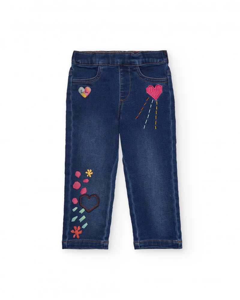 Jeggings in denim per bambina con ricami di cuori e fiori