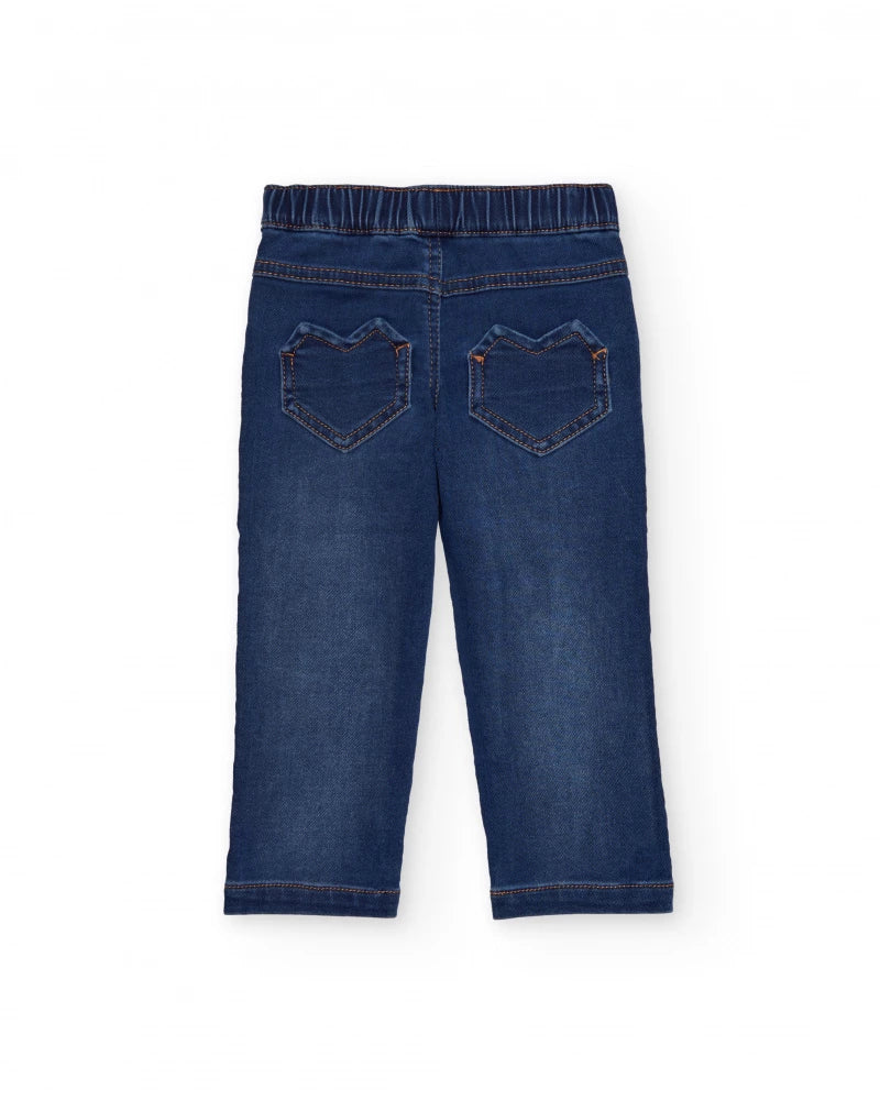 Jeggings in denim per bambina con ricami di cuori e fiori