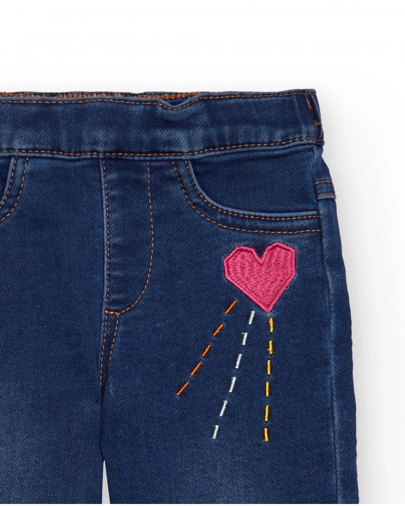 Jeggings in denim per bambina con ricami di cuori e fiori